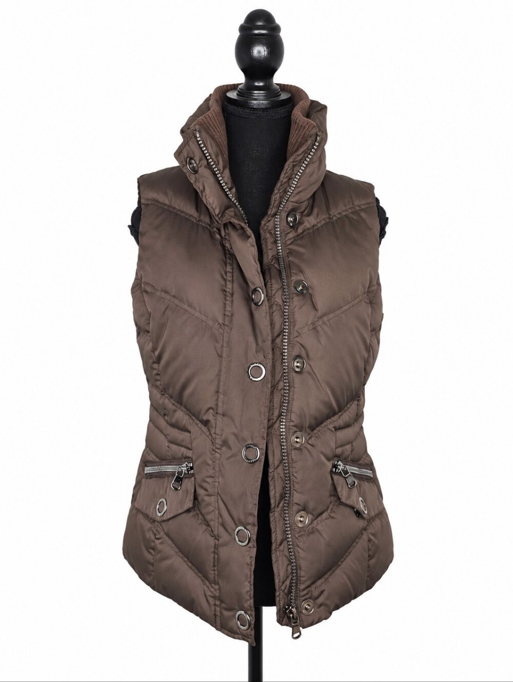 Esprit Women's Brown Fitted Puffer Vest Size Small Zip Button Front Quilted